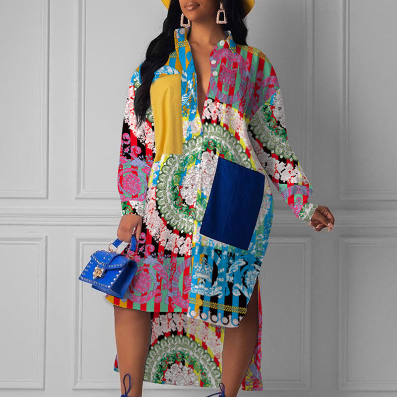 Print Pocket Design Button Detailed Shirt Dress