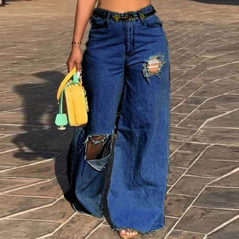 High Waist Ripped Wide Leg Denim Casual Pants