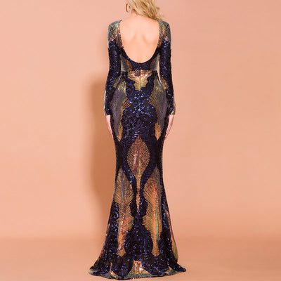 Sequins Round Neck Long Sleeve Floor-Length Dress
