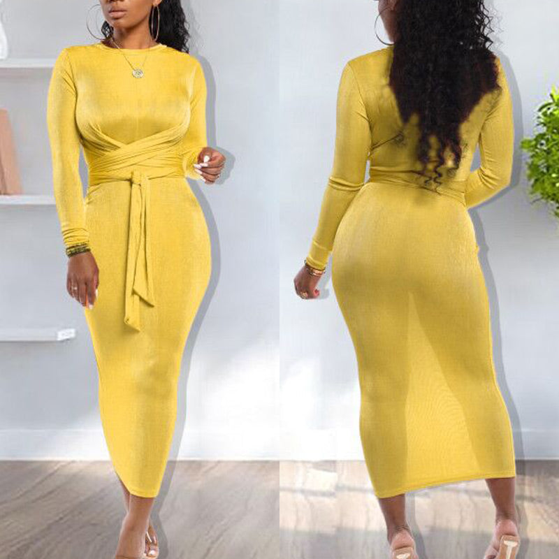 Solid Tied Long Sleeve Bodycon Maxi Dress