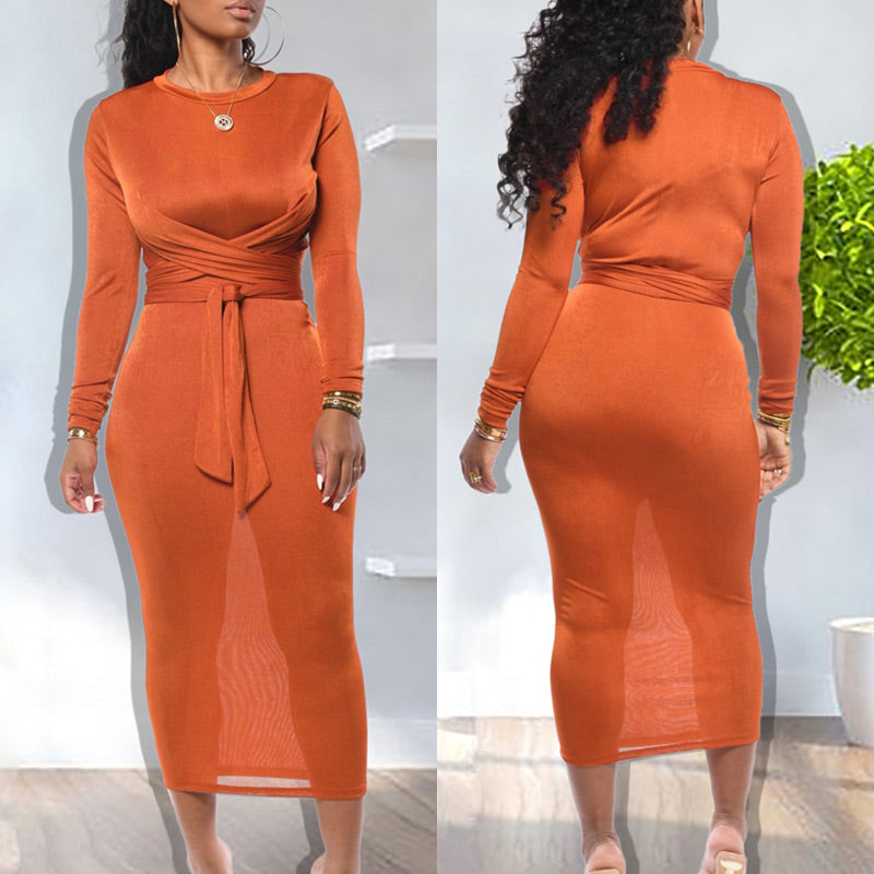 Solid Tied Long Sleeve Bodycon Maxi Dress