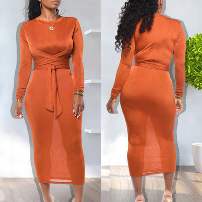 Solid Tied Long Sleeve Bodycon Maxi Dress