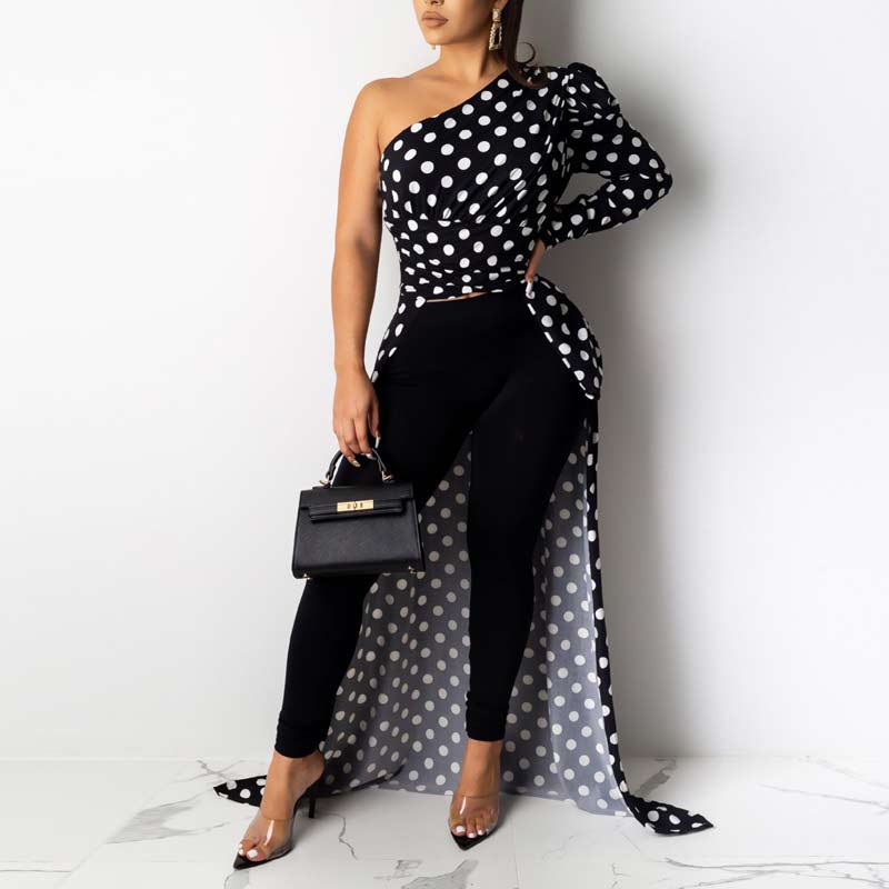 Polka Dot Print One Shoulder Irregular Shirt Dress