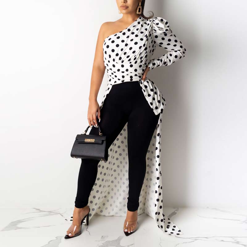 Polka Dot Print One Shoulder Irregular Shirt Dress