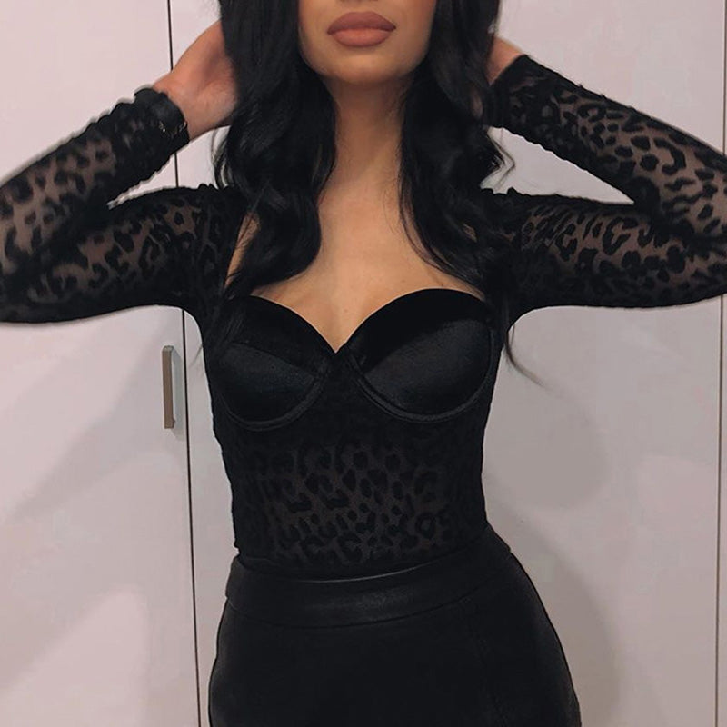 Sexy Leopard Patch Mesh Base Rompers