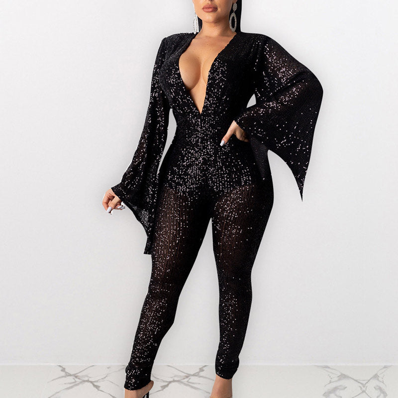 Sequins Flare Sleeve V-Neck Jumpsuit