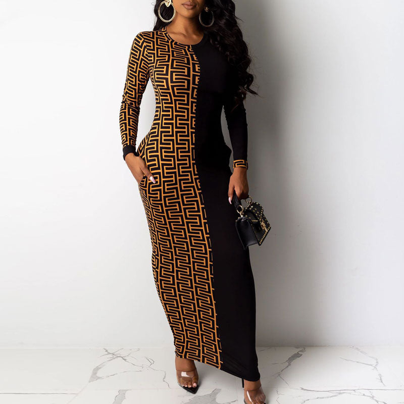 Colorblock Print Long Sleeve Maxi Dress