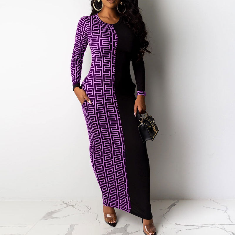 Colorblock Print Long Sleeve Maxi Dress