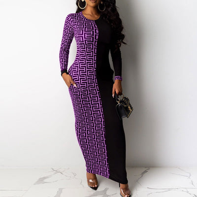 Colorblock Print Long Sleeve Maxi Dress