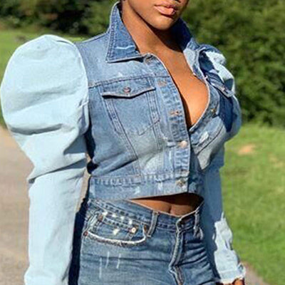 Colorblock Pocket Buttoned Puff Sleeve Denim Coat