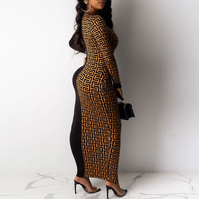 Colorblock Print Long Sleeve Maxi Dress