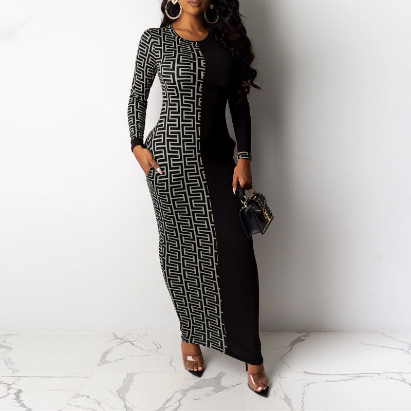 Colorblock Print Long Sleeve Maxi Dress