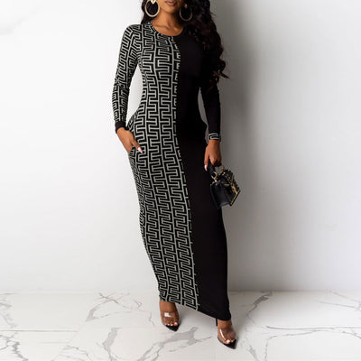 Colorblock Print Long Sleeve Maxi Dress