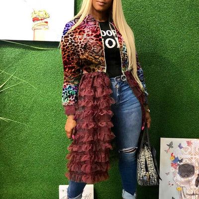 Print Patchwork Zipper Ruffle Design Long Coat