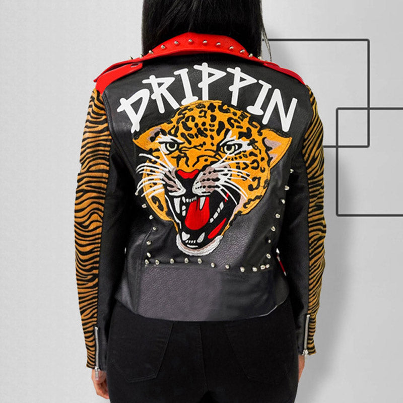 PU Tiger Print Patchwork Lapel Zipper Design Long Sleeve Jacket With Belt