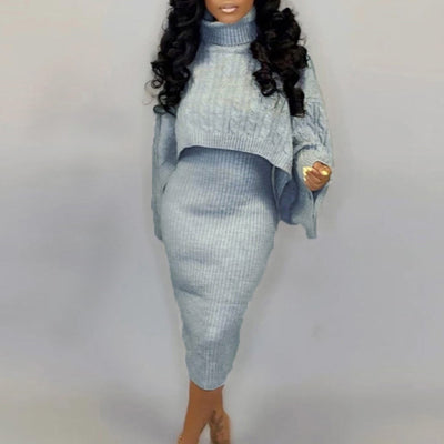 Solid Turtle Neck Long Sleeve Sweater & Dress Set
