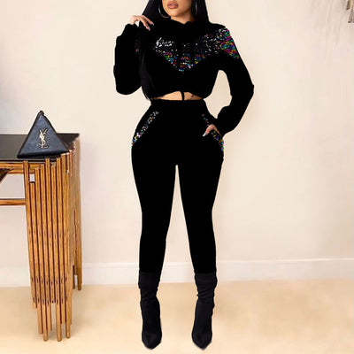 Sequins Patchwork Long Sleeve Hoodie Top & High Waist Pants Set