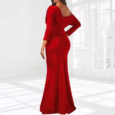 Solid One Shoulder Long Sleeve Maxi Dress
