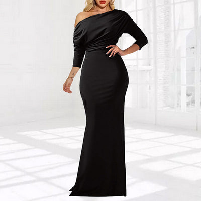 Solid One Shoulder Long Sleeve Maxi Dress