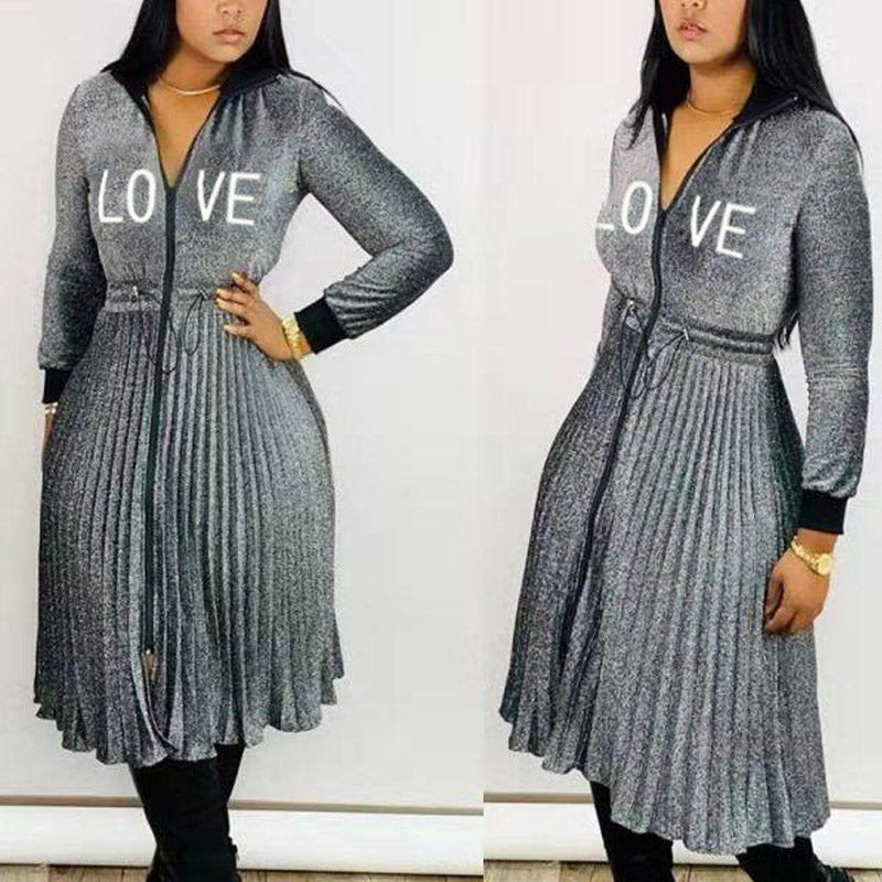 Solid Letter Print Pleated Dress
