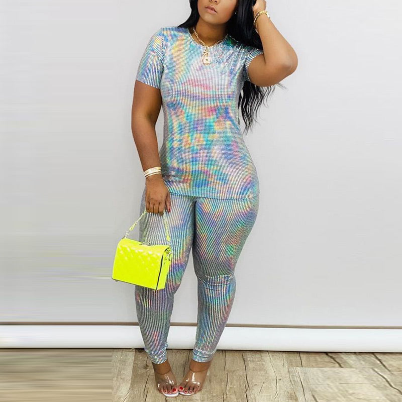 Glitter Solid Short Sleeve Top & Stacket Pants Set