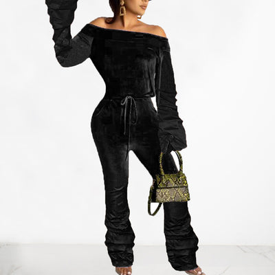 Solid Velvet Off Shoulder Drawstring  Stacket Long Sleeve Jumpsuit