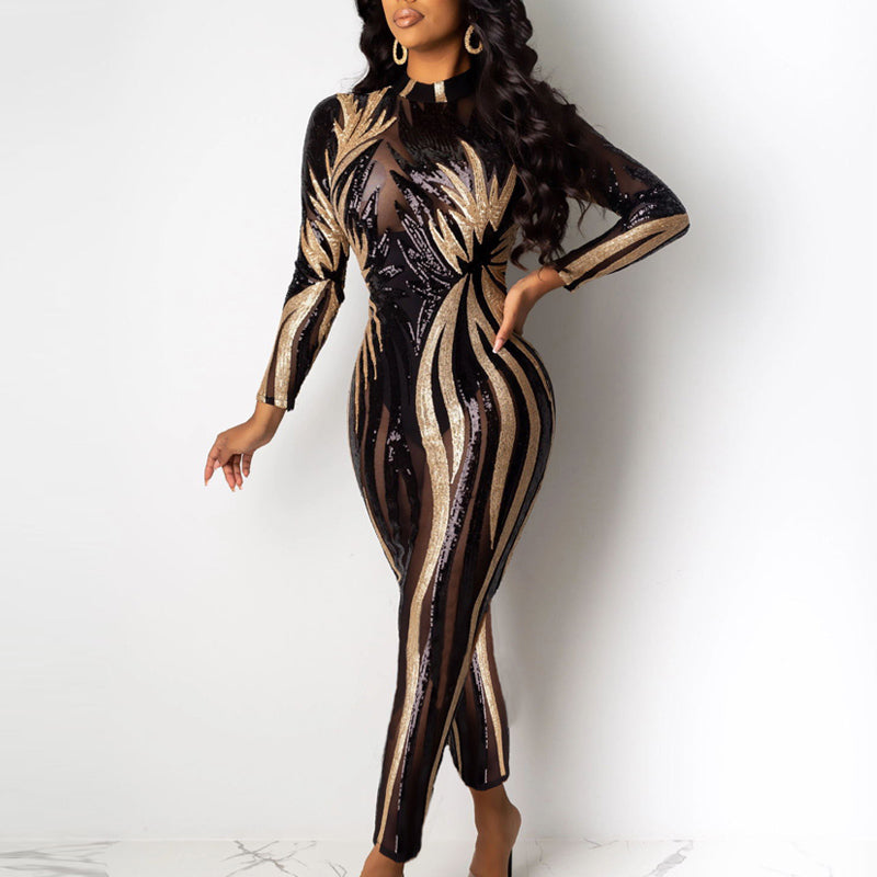 Sequins Flam Sheer Mesh Patchwork Long Sleeve Jumpsuit