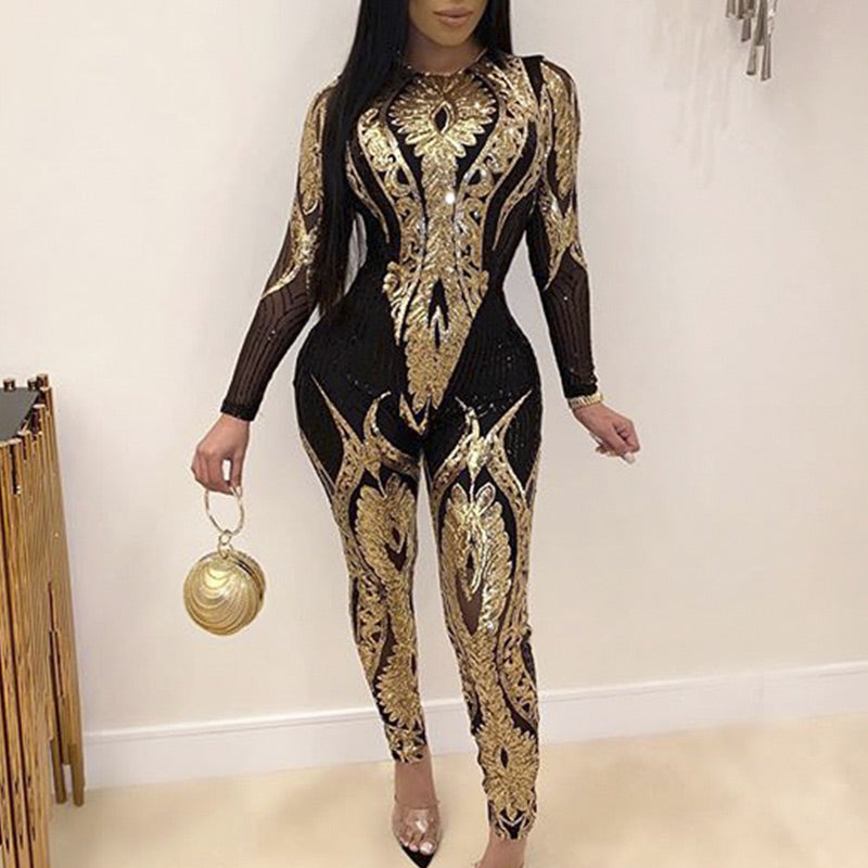 Sequins Sheer Mesh Patchwork Jumpsuit