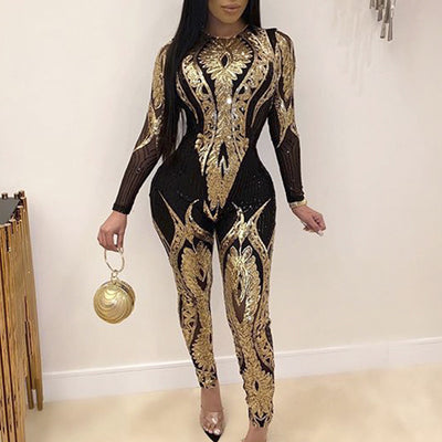 Sequins Sheer Mesh Patchwork Jumpsuit