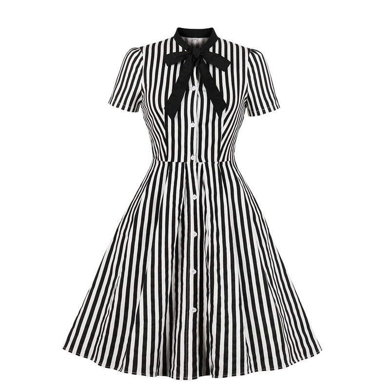 Striped Print Short Sleeve Bowknot Decoration Dress