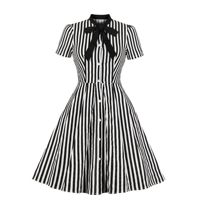 Striped Print Short Sleeve Bowknot Decoration Dress