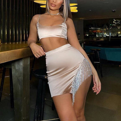 Solid Rhinestone Sleeveless Tassel Design Skirts Set