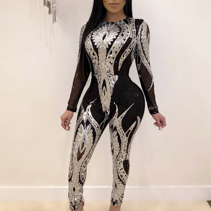 Sequins Sheer Mesh Patchwork Jumpsuit