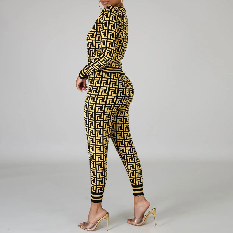 Print Round Neck Long Sleeve Top & Pants Set