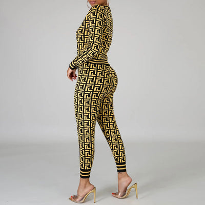 Print Round Neck Long Sleeve Top & Pants Set