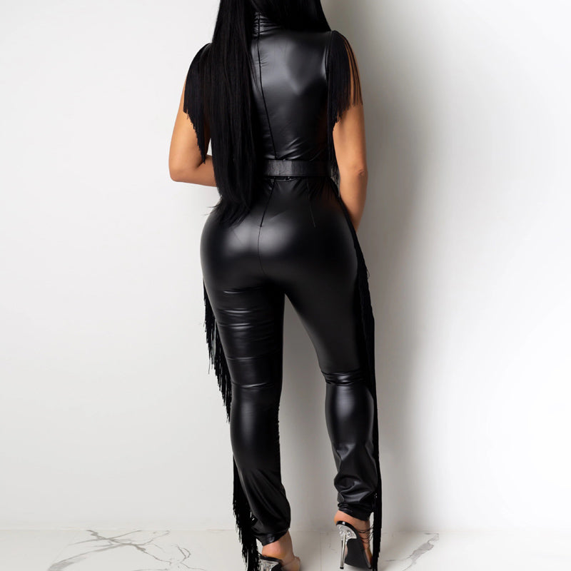 Fashion PU Tassel Patchwork Sleeveless Jumpsuit