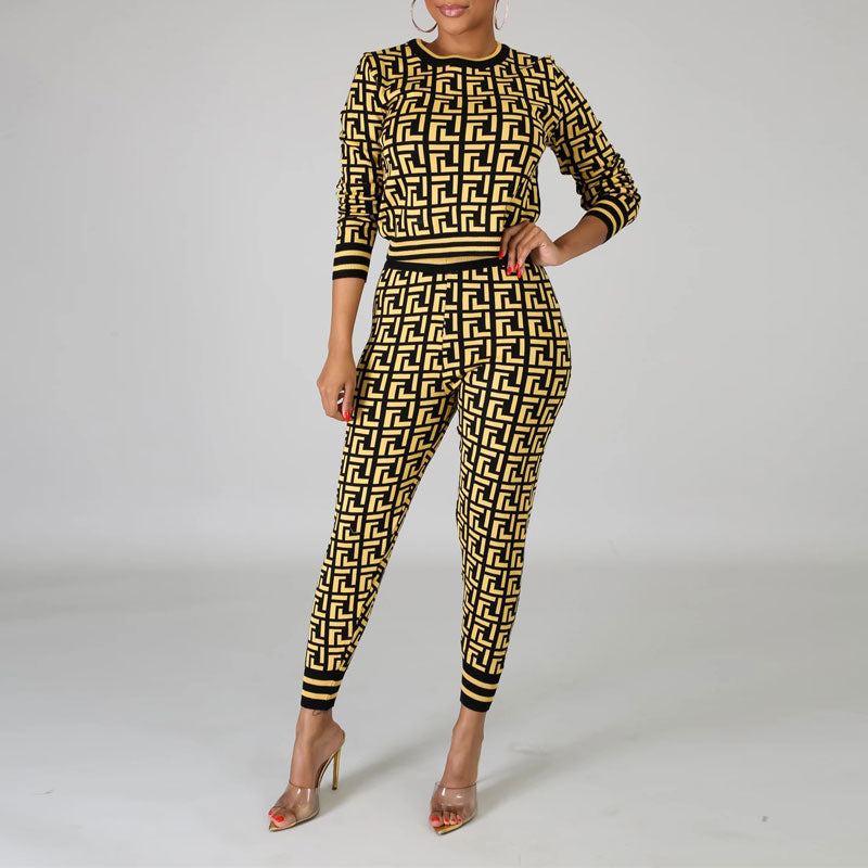 Print Round Neck Long Sleeve Top & Pants Set
