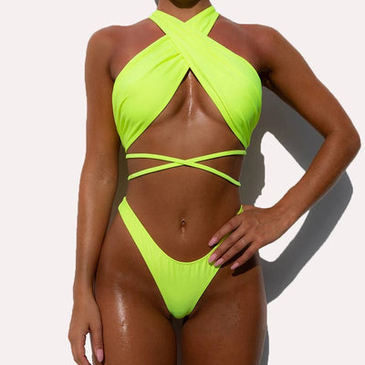 Solid Halter Bandage Two Piece Swimsuit Set