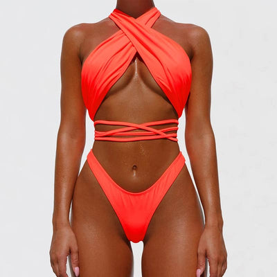 Solid Halter Bandage Two Piece Swimsuit Set