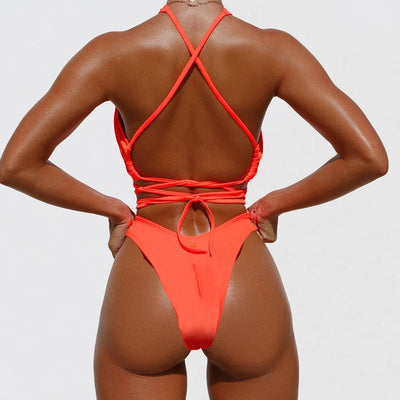 Solid Halter Bandage Two Piece Swimsuit Set
