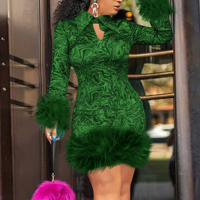 Print Long Sleeve Feather Detail Bodycon Dress