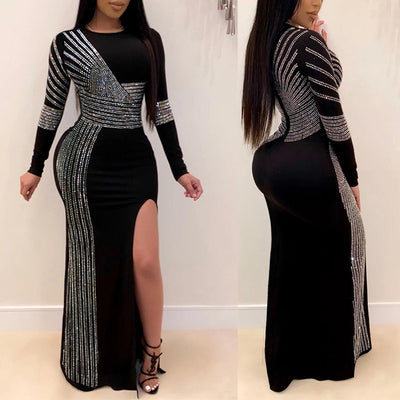 Sequins Long Sleeve High Slit Party Dress
