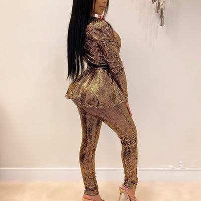 Solid Deep V-Neck Long Sleeve Two Piece Set With Belt