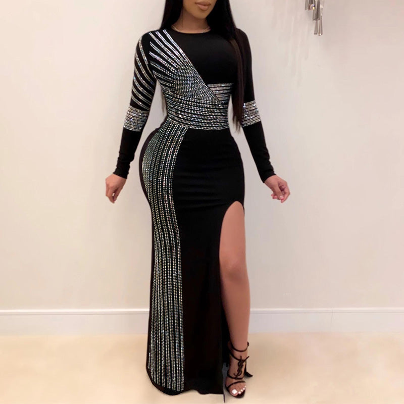 Sequins Long Sleeve High Slit Party Dress