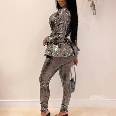Solid Deep V-Neck Long Sleeve Two Piece Set With Belt