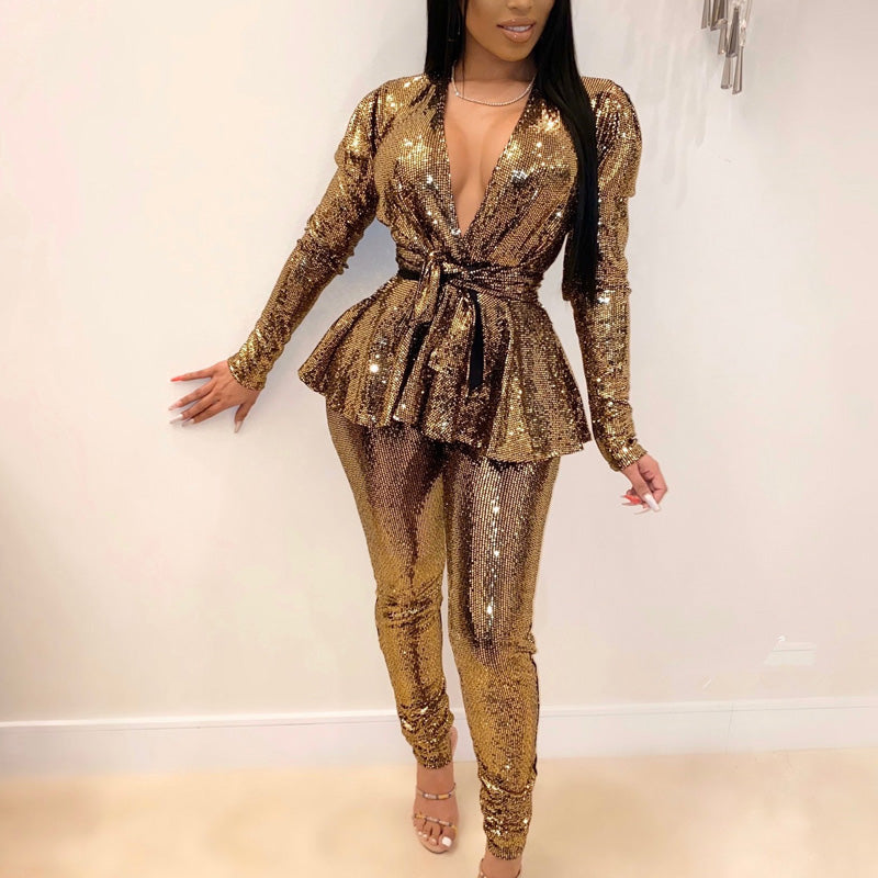 Solid Deep V-Neck Long Sleeve Two Piece Set With Belt