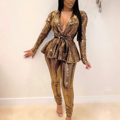 Solid Deep V-Neck Long Sleeve Two Piece Set With Belt