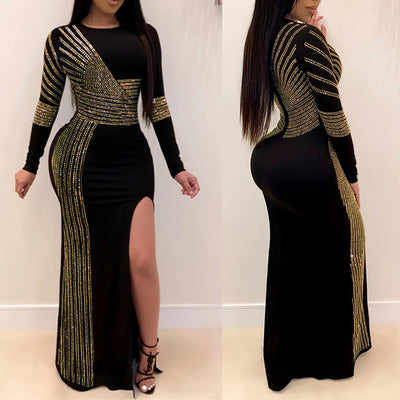Sequins Long Sleeve High Slit Party Dress