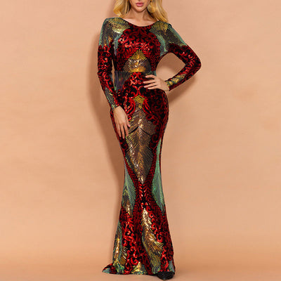 Sequins Round Neck Long Sleeve Floor-Length Dress