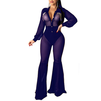 Solid Sheer Mesh Patchwork Bell Bottom Jumpsuit